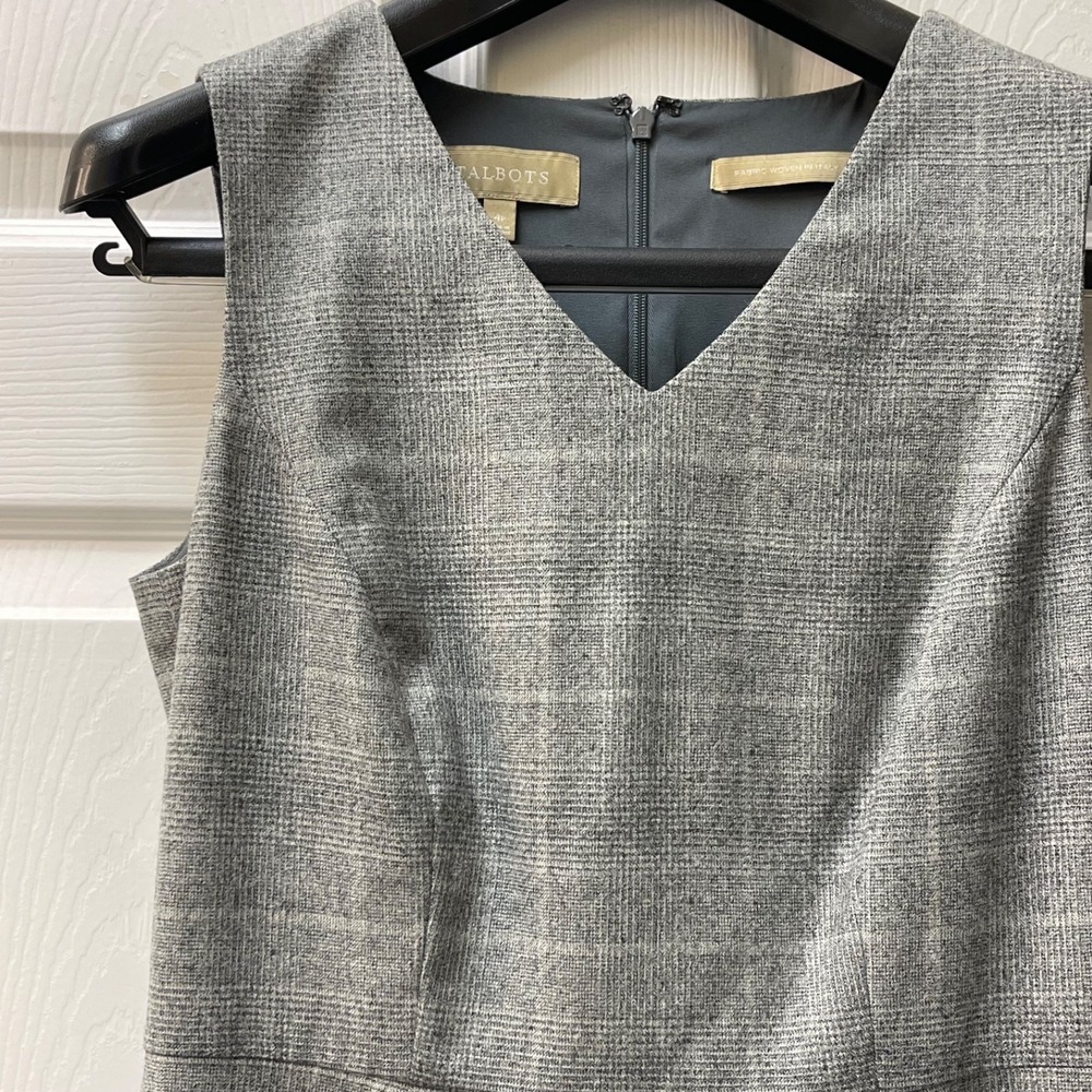 Talbots Women's 4P Gray Luxe Italian Wool Blend Glen Plaid Flounce Waist Dress